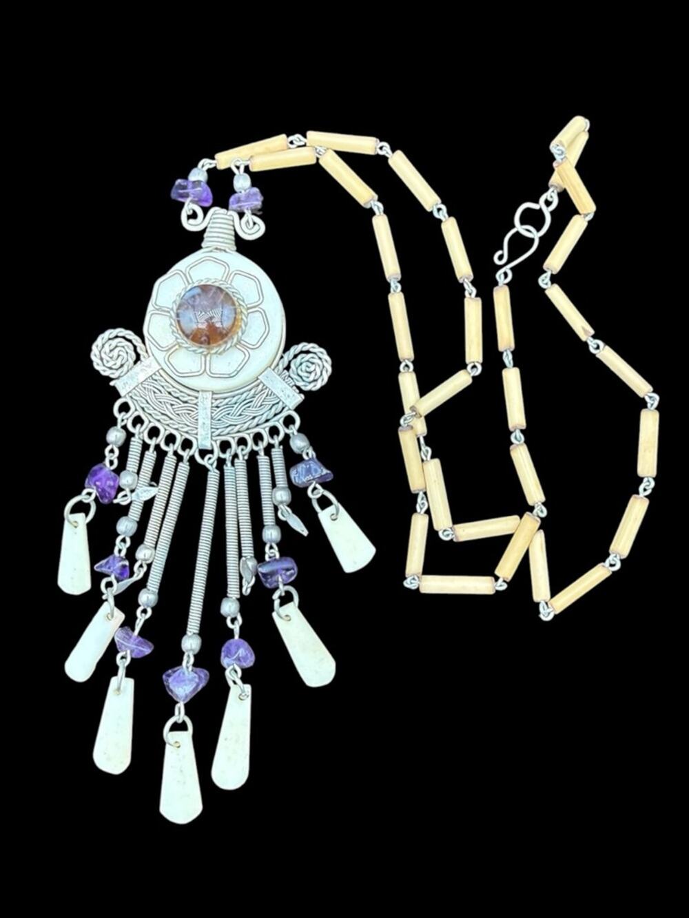 Silver-Tone Handmade Peruvian Pendant Fringe Long Necklace Purple Accents